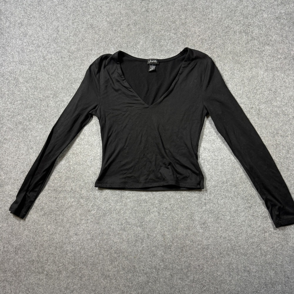 Justify Womens V Neck Long Sleeve Top S Black Stretch Polyester Spandex